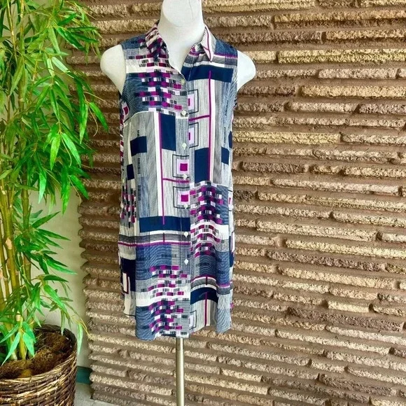 Alfani Blue and Pink Geometric Print Sleeveless Shirt Tunic Dress Size Small - Picture 5 of 5